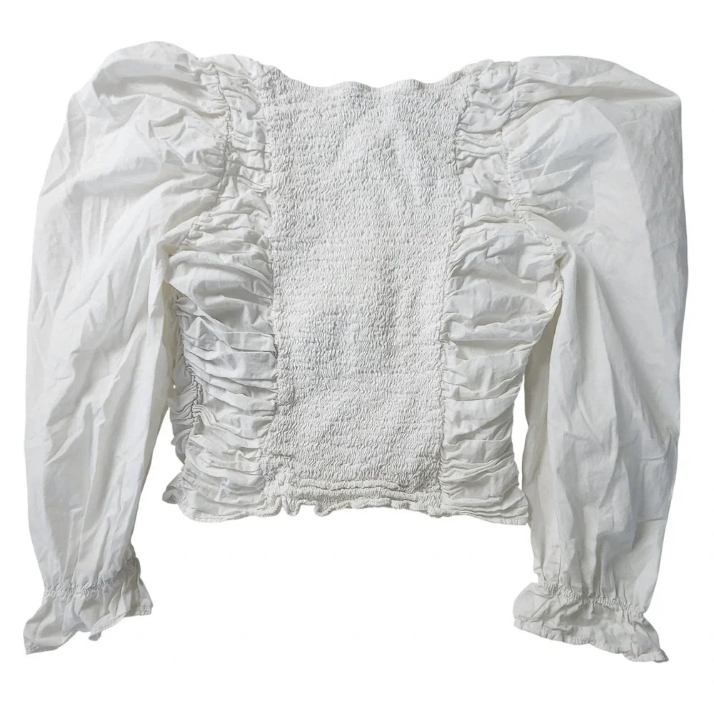 Zara Womens Small White Ruched Puff Sleeve Peasant Blouse Square Neck Cotton EUC